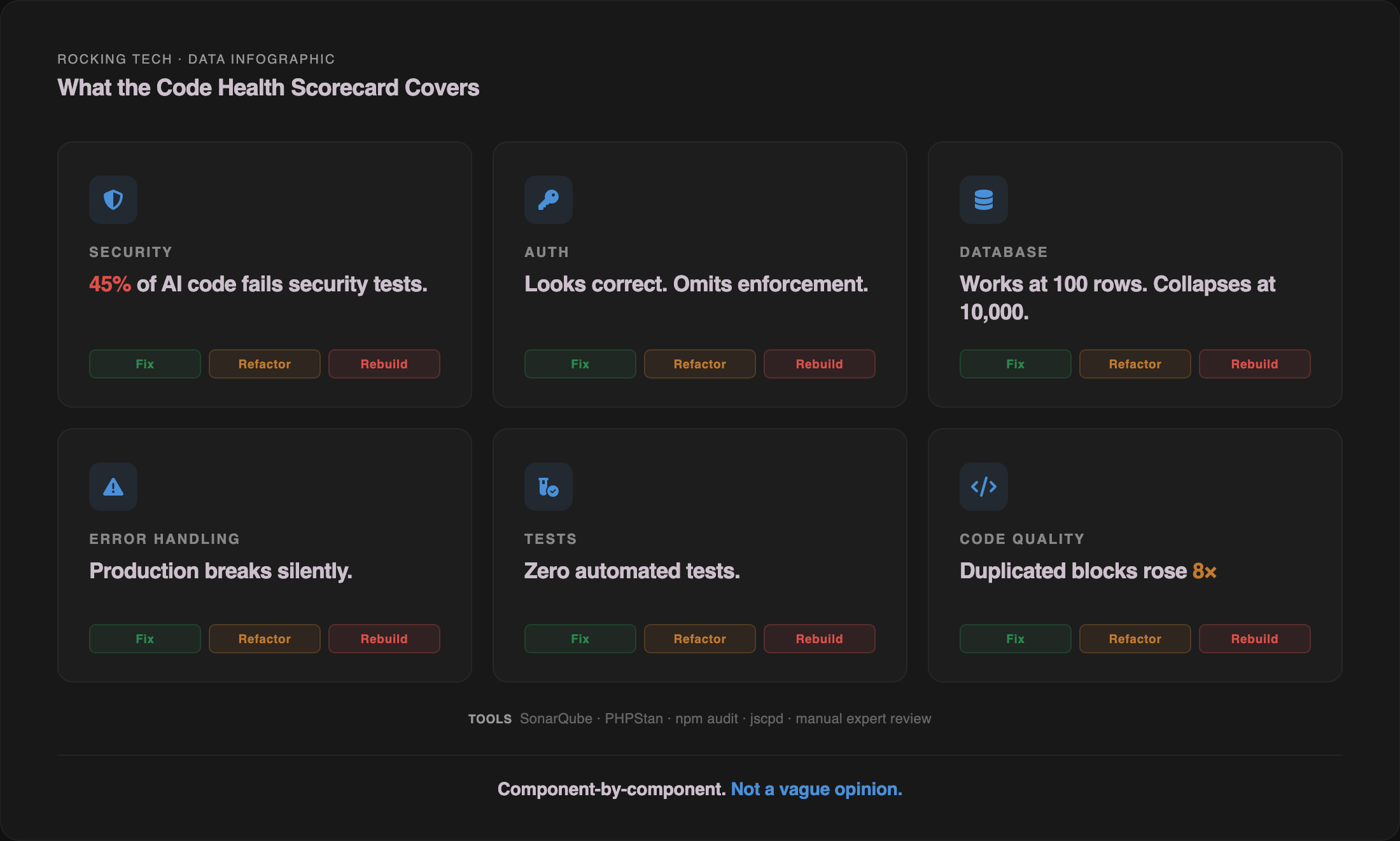 What the Code Health Scorecard covers — six components assessed (security, auth, database, error handling, tests, code quality) with key findings and fix/refactor/rebuild recommendations per component