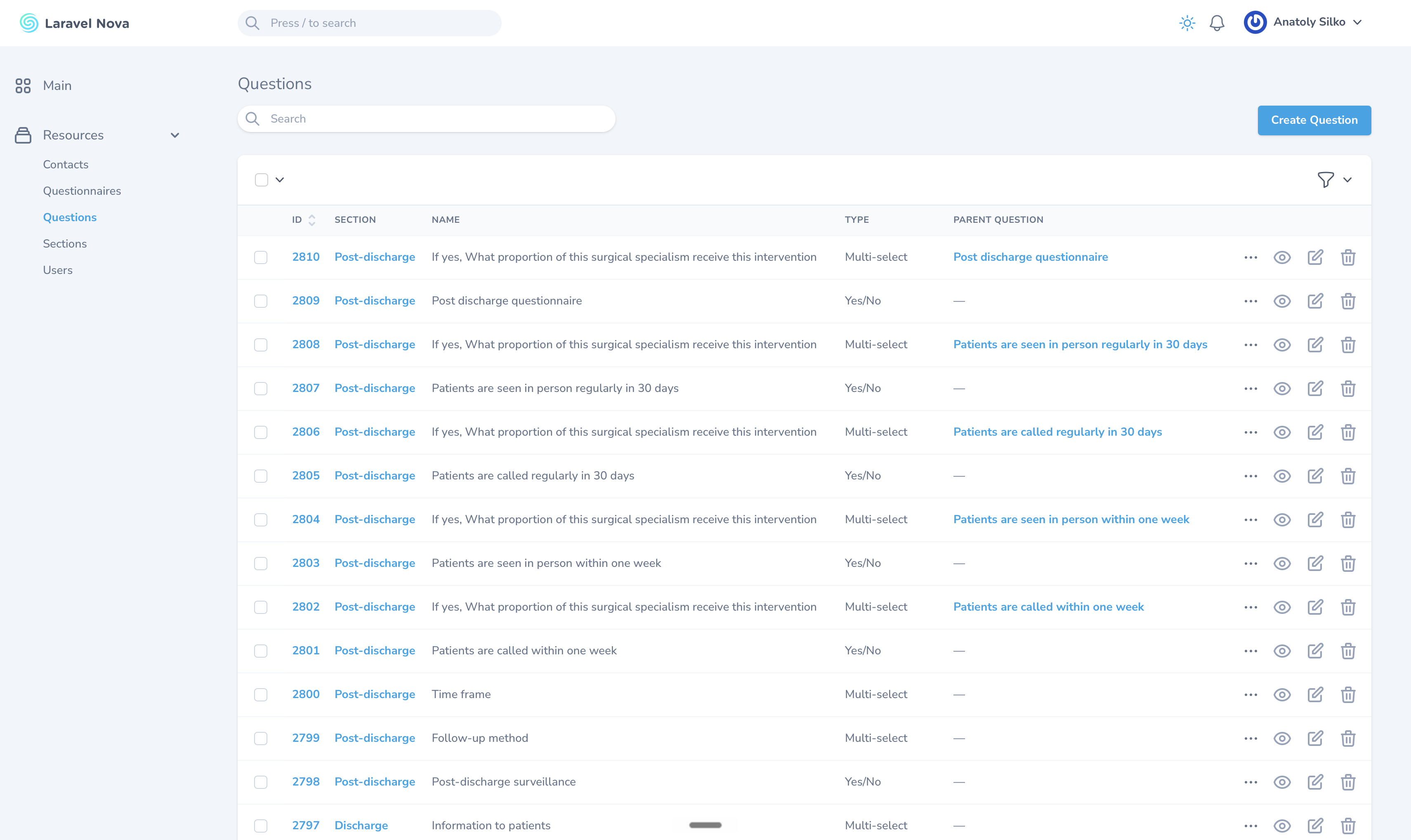 e-Surgiroute Nova admin panel &mdash; Questions resource with section labels, input types, and parent question relationships
