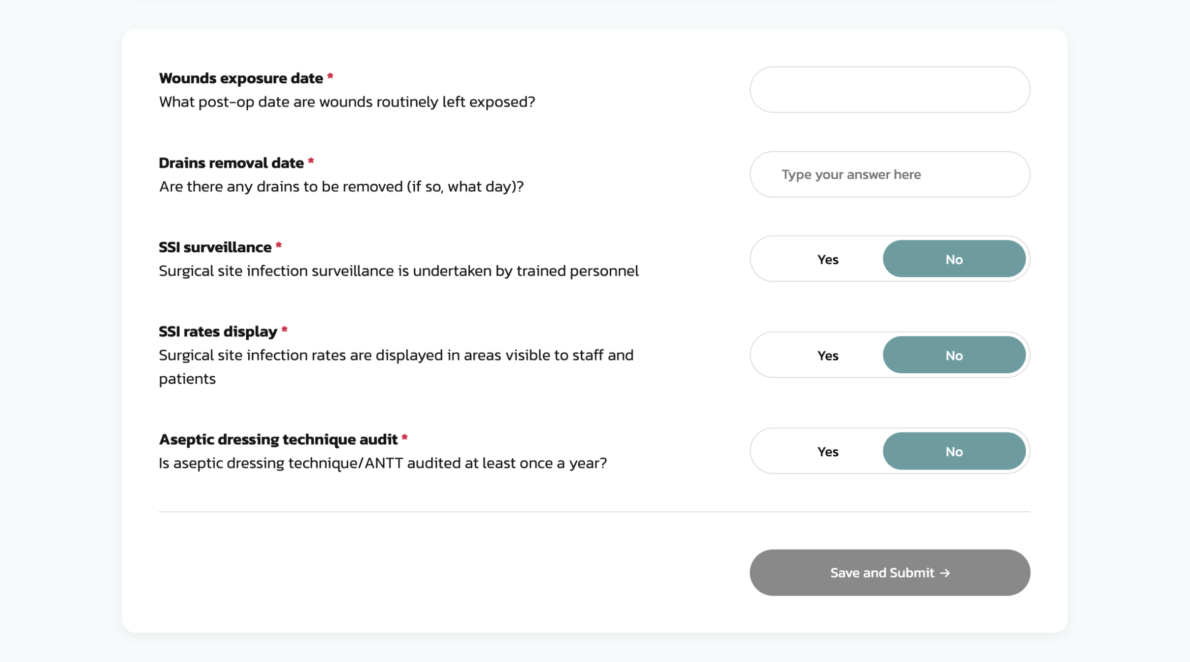 e-Surgiroute questionnaire inputs &mdash; Yes/No toggles, text fields, Save and Submit controls