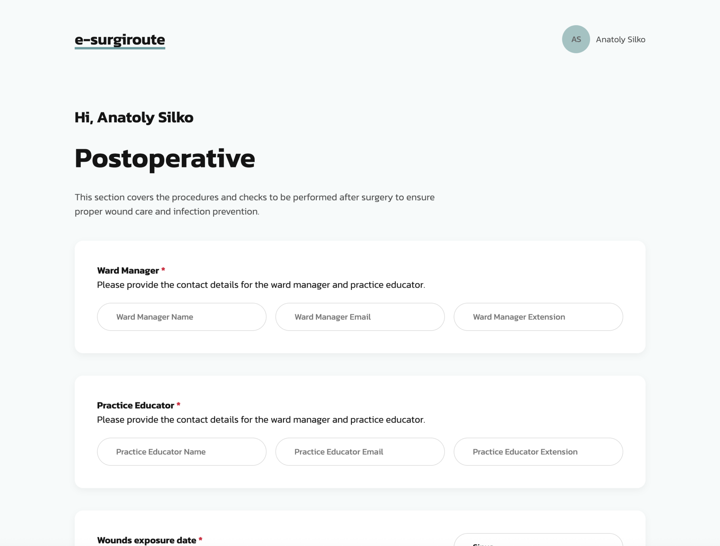 e-Surgiroute respondent view &mdash; post-operative section header, contact fields, structured questionnaire layout