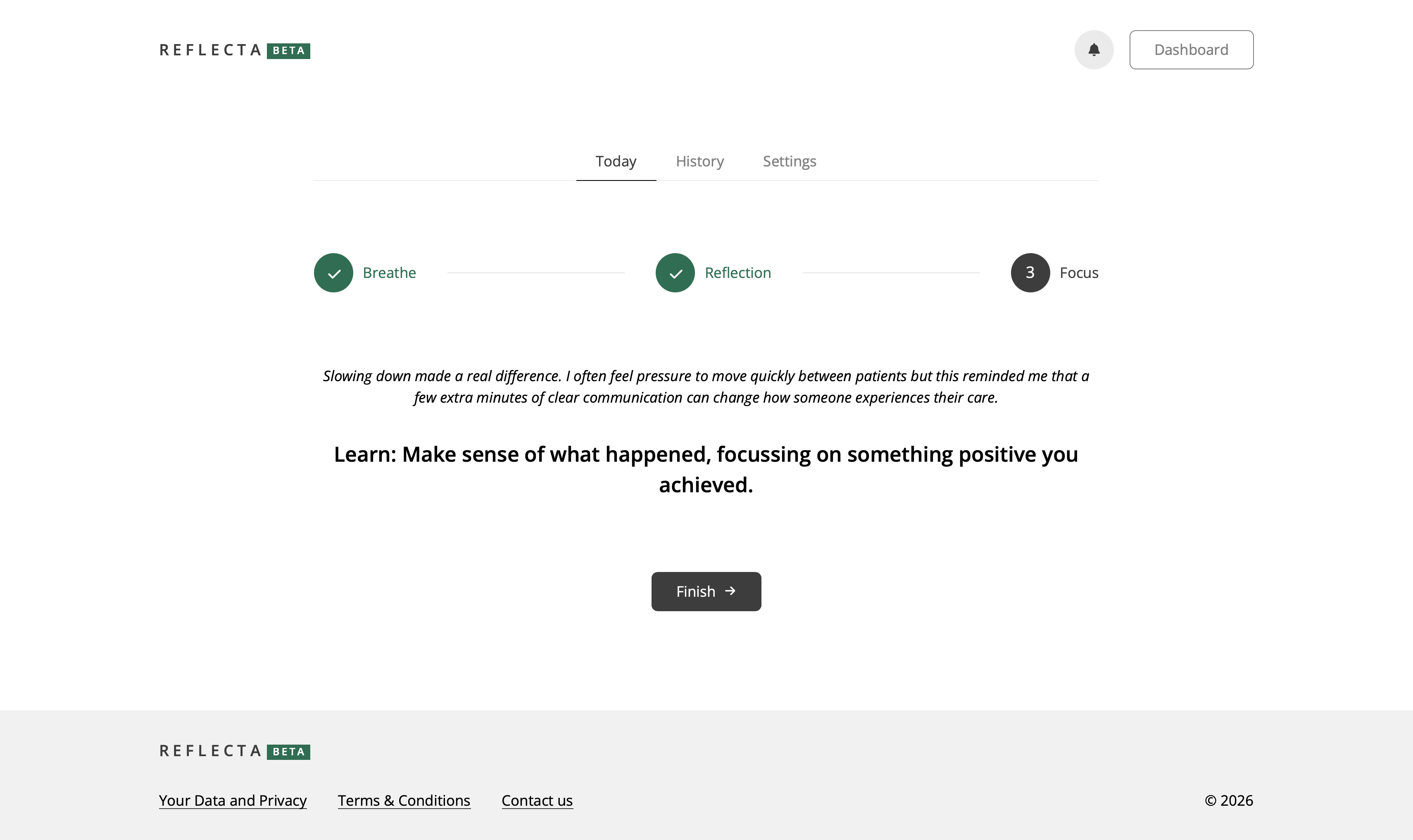 Reflecta focus page with positive takeaway
