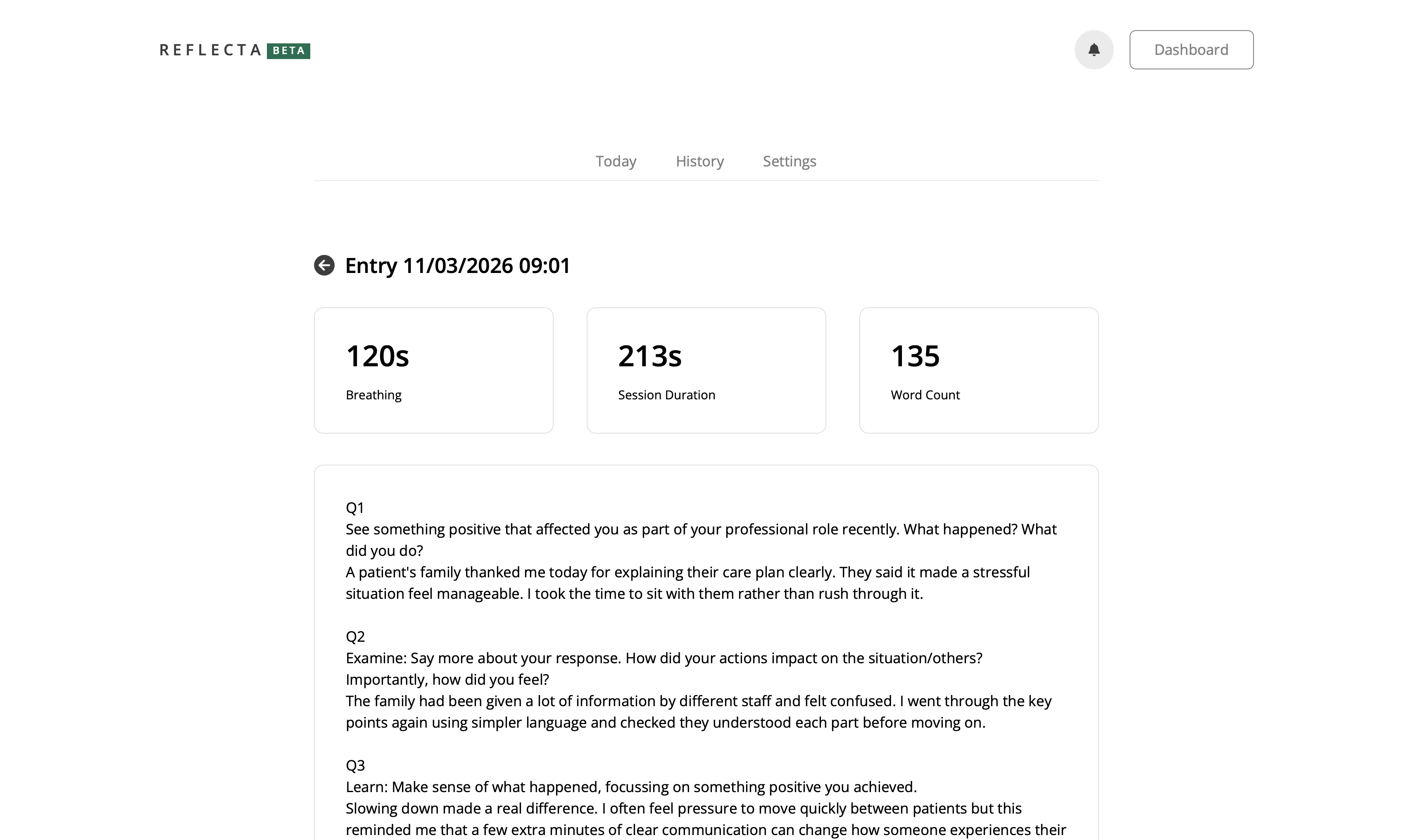 Reflecta reflection history with session metadata