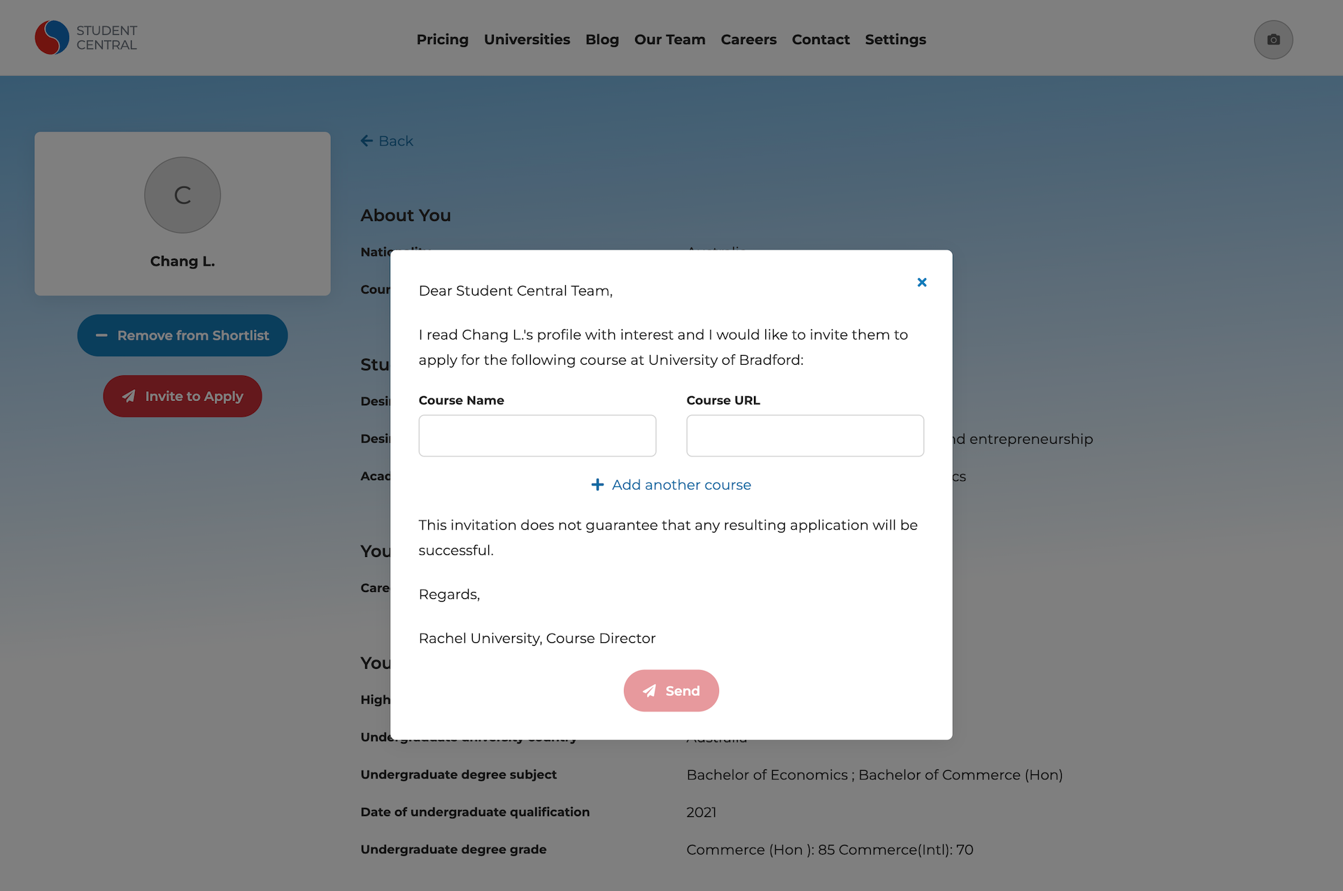 Student Central — university representative inviting a shortlisted student to apply