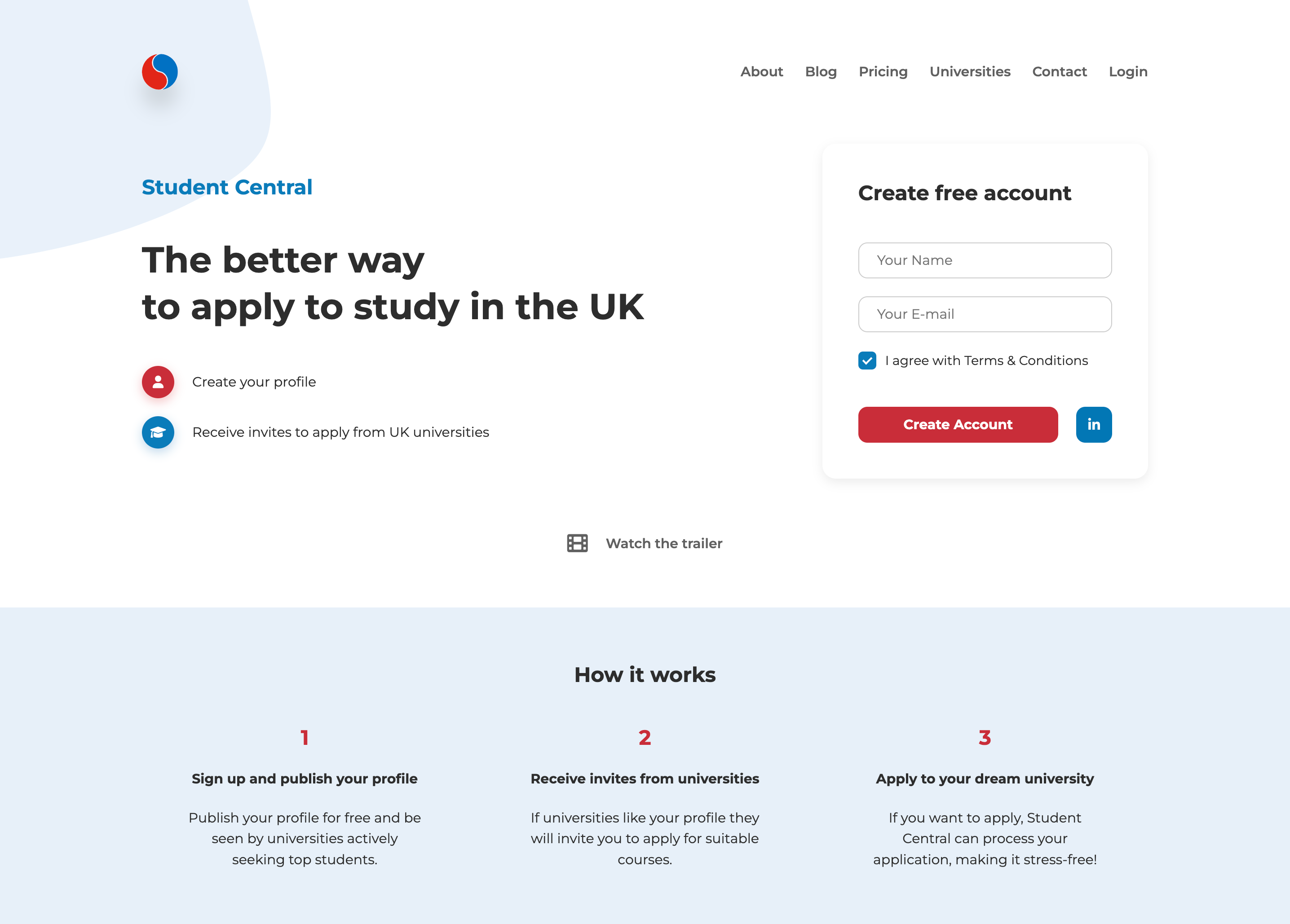 Student Central — landing page with three-step student flow: publish profile, receive invites, apply
