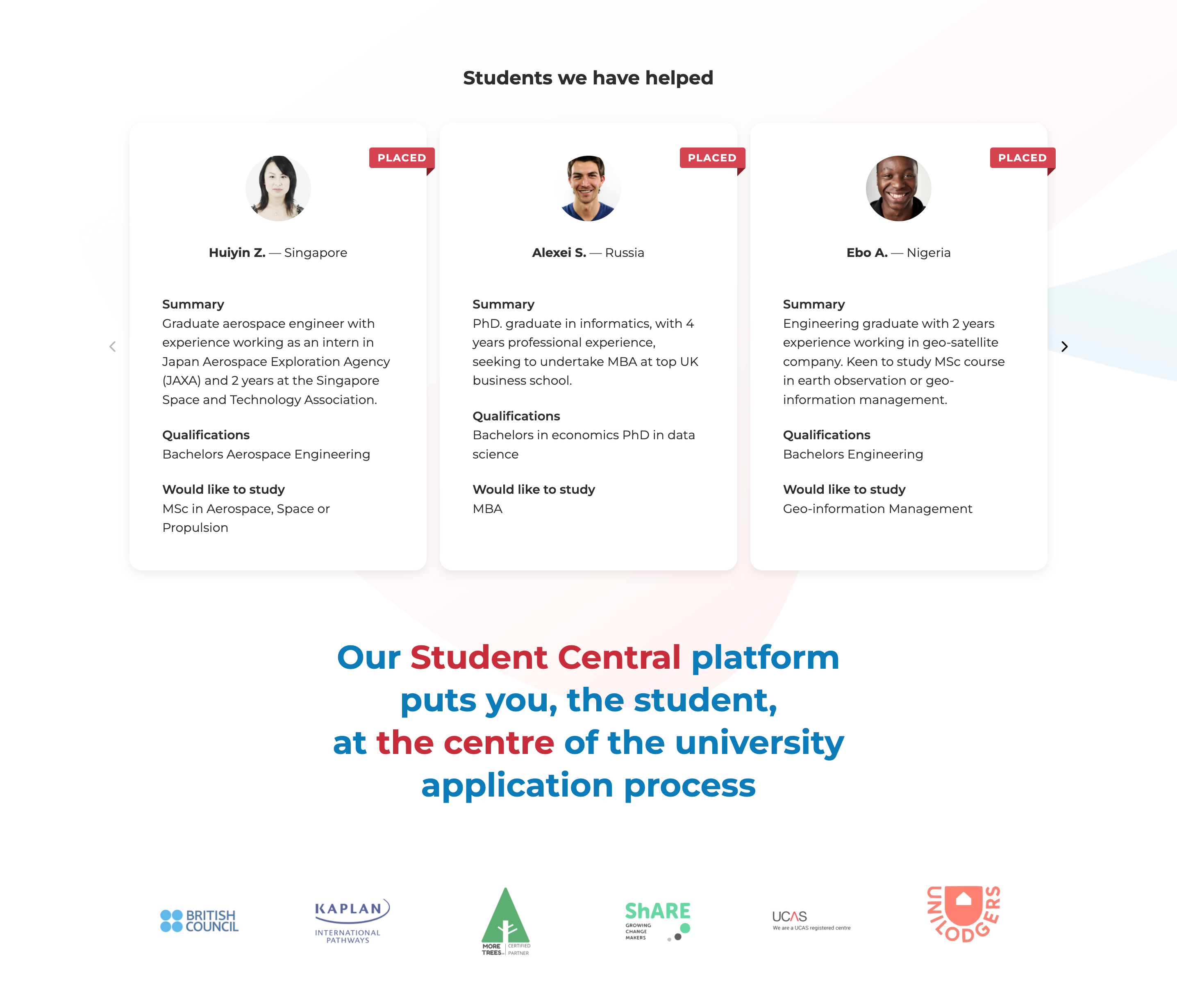 Student Central — anonymised sample profiles of placed students alongside partner logos