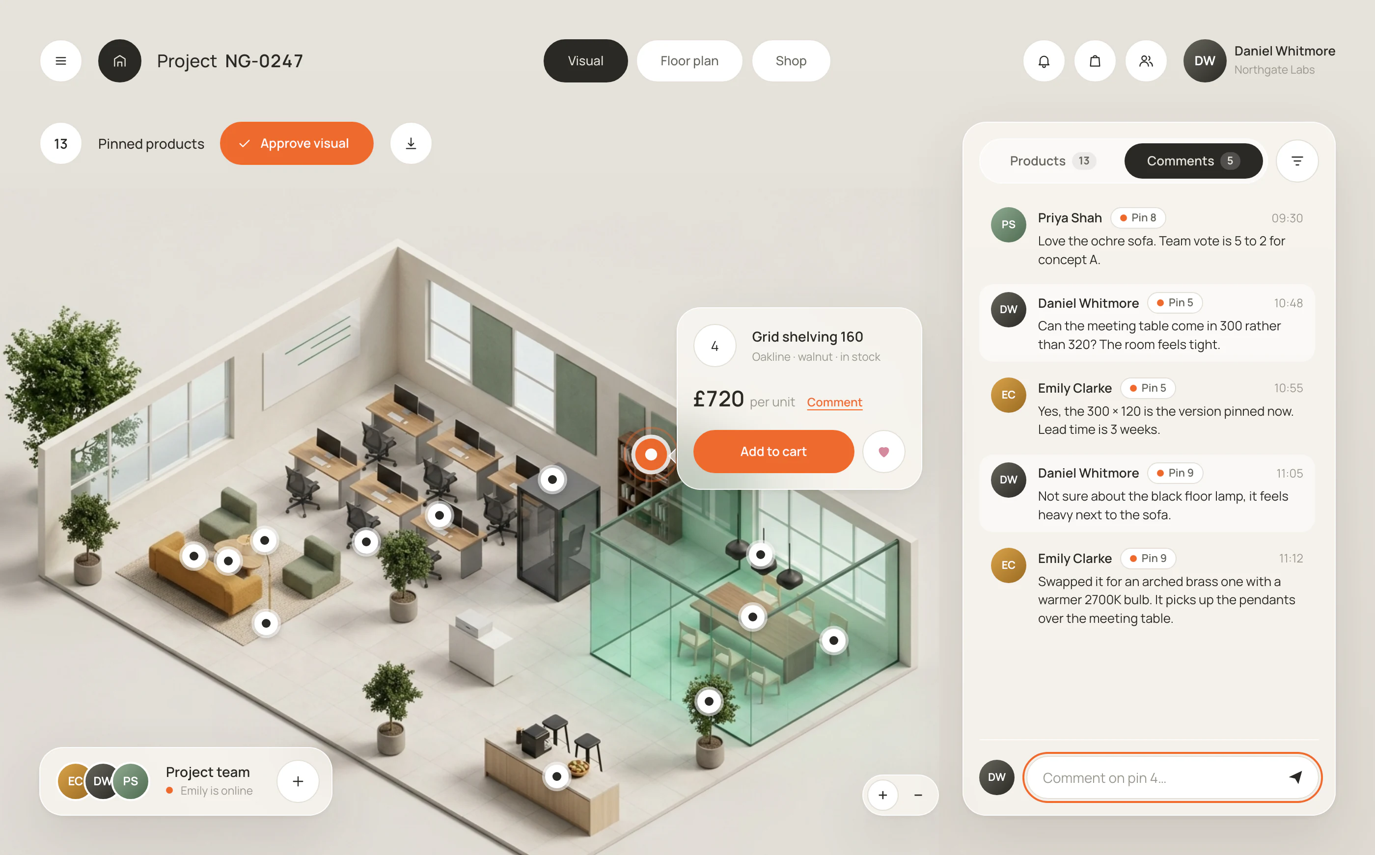 Project NG-0247 — an example workspace-design platform: isometric office visual with pinned products, per-unit pricing and add-to-cart, a project team, and a threaded comments panel