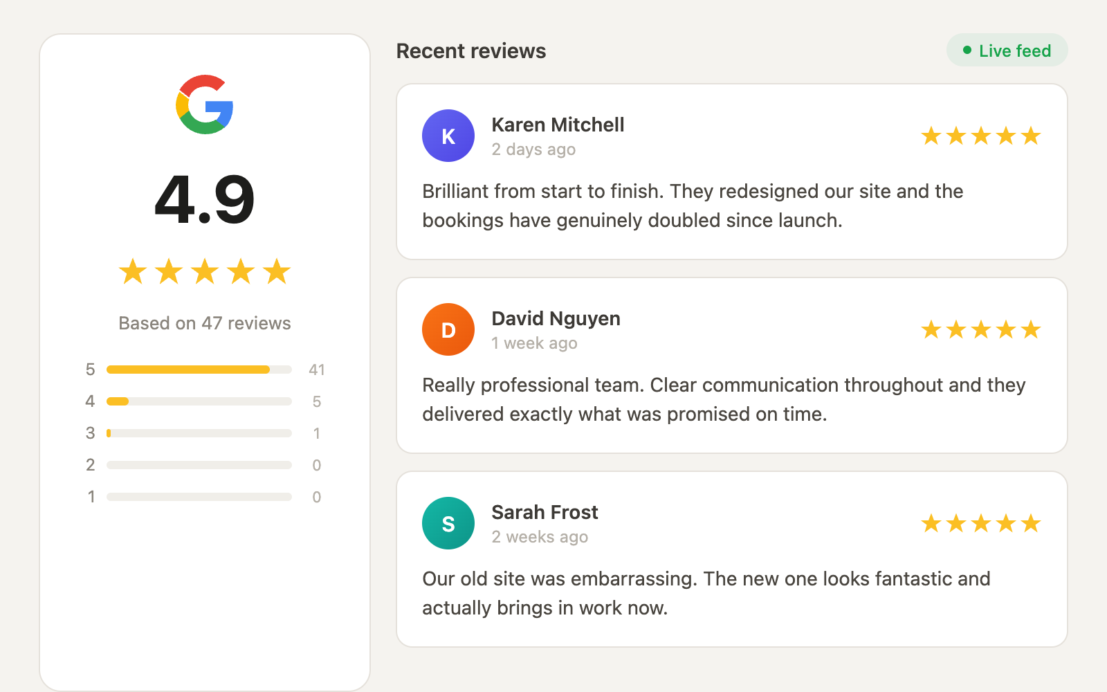 Google reviews feed — pseudo-UX preview