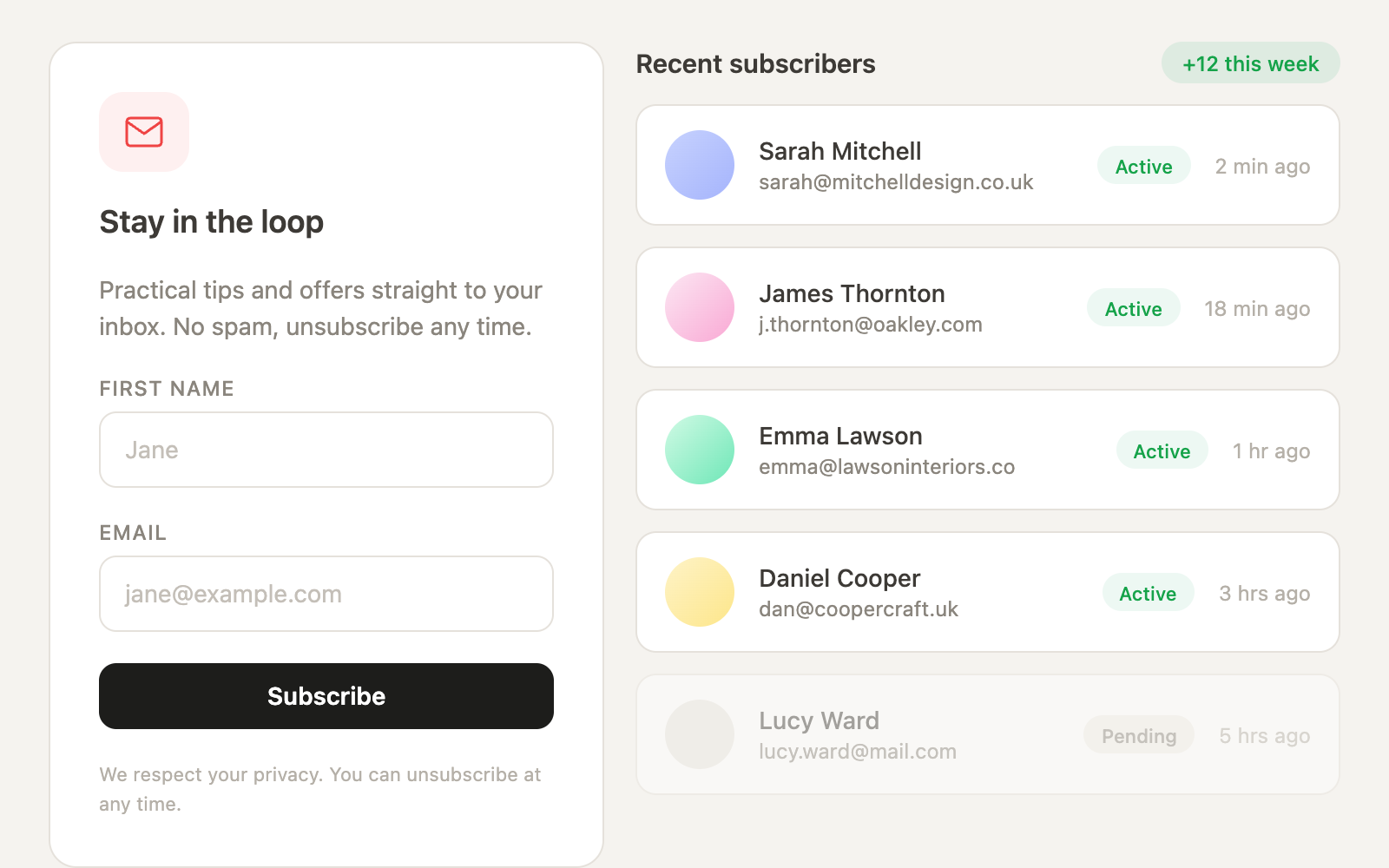 Mailing list signup — pseudo-UX preview