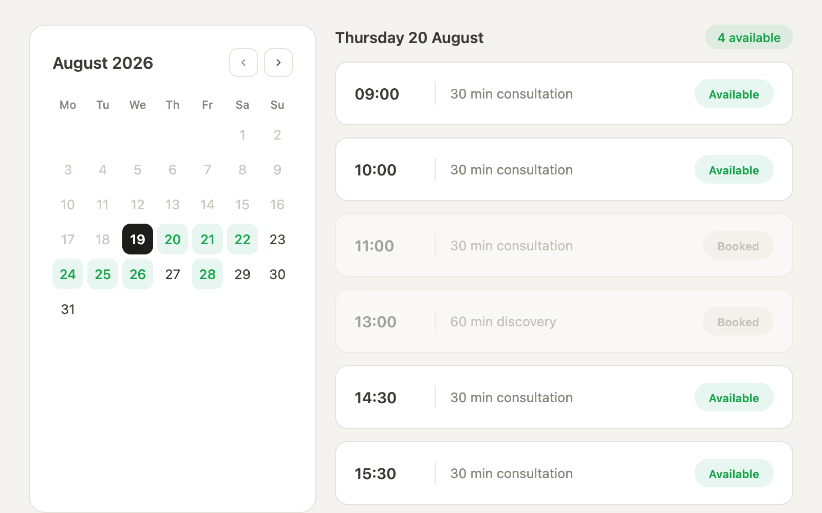 Online booking — pseudo-UX preview