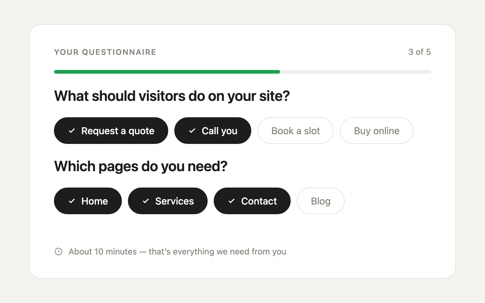 Step 01: Pay & Complete the Questionnaire — pseudo-UX preview